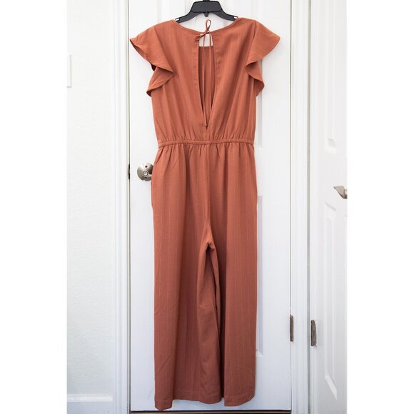 Bluivy Dusty Pink Pinstripe Wide Leg Jumpsuit With Ruffle Cap Sleeve, size L - Picture 6 of 7